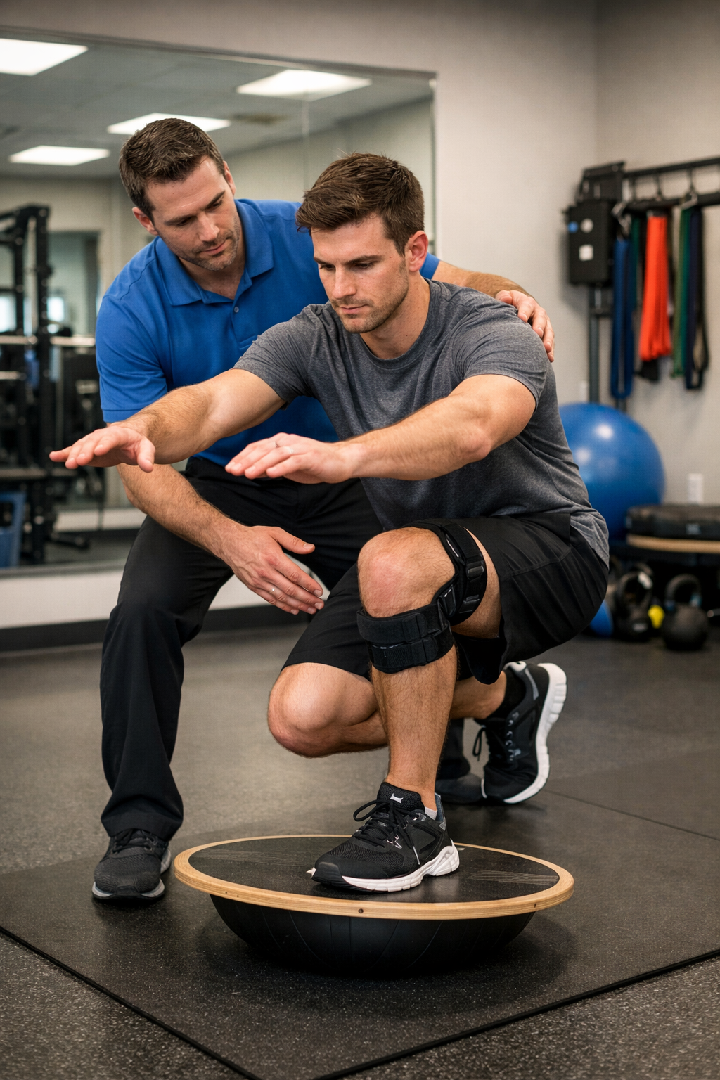 Patient performing ACL injury rehabilitation exercises with physical therapist
