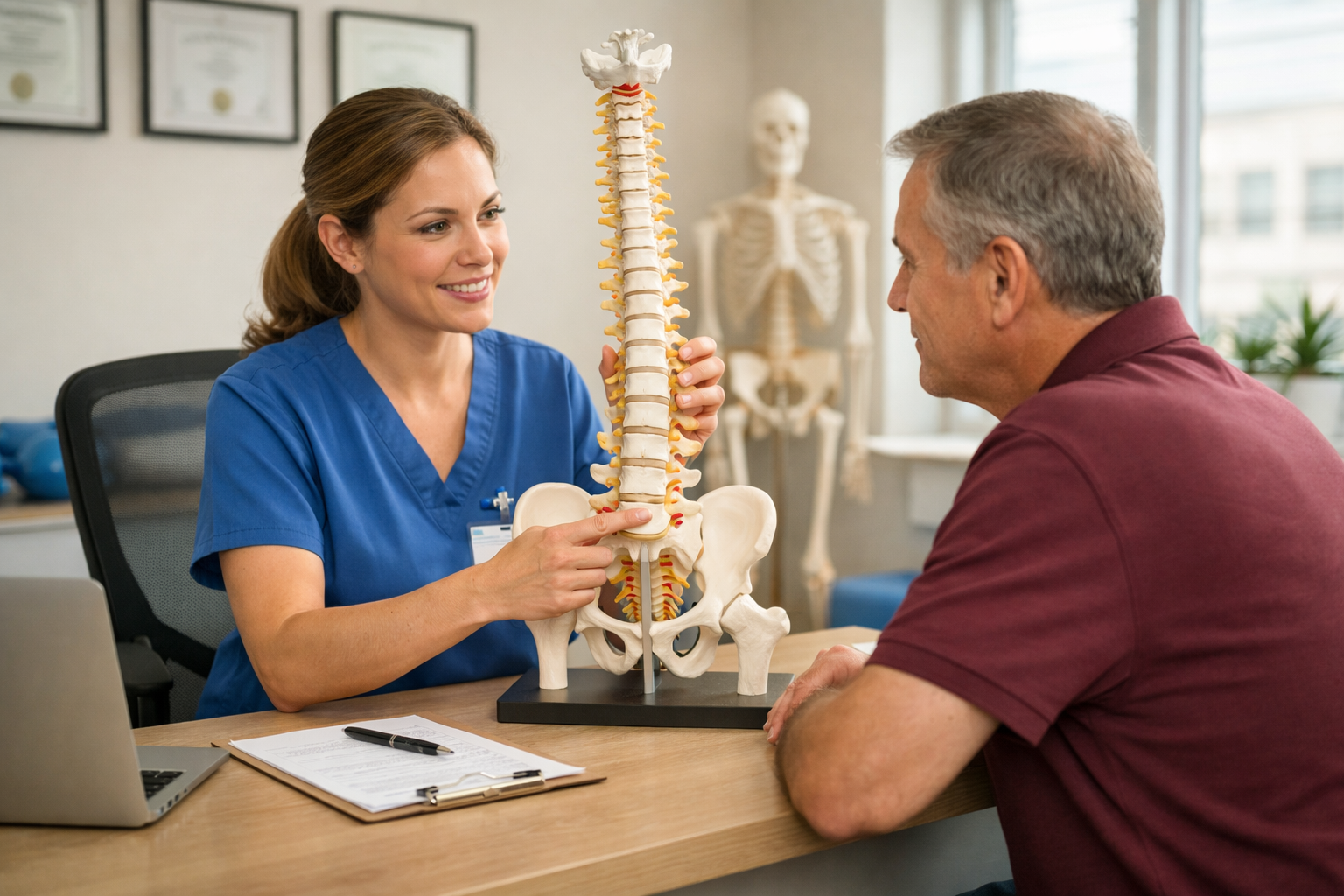 Physical therapist consultation for back pain diagnosis and treatment plan