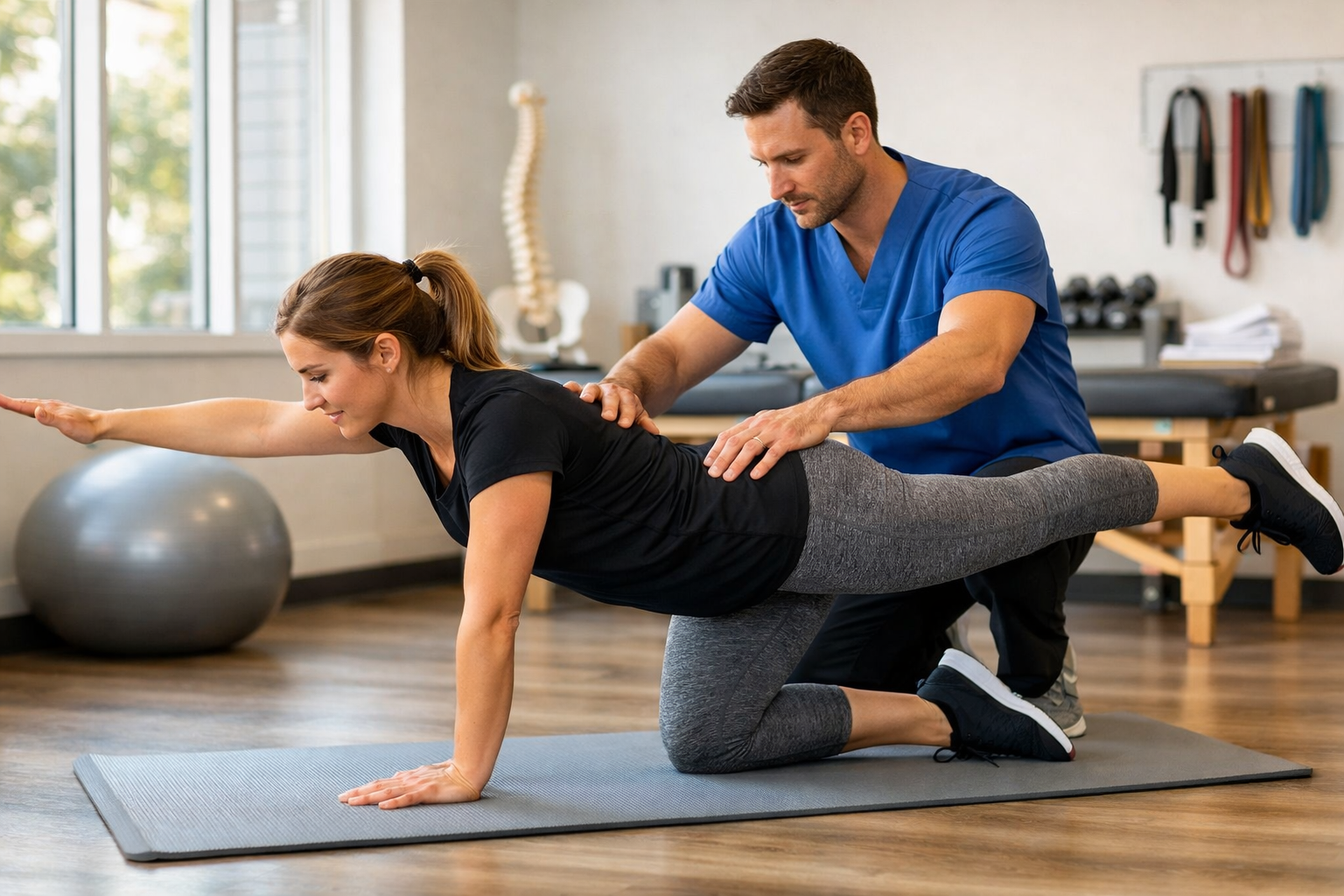 Patient performing back pain rehabilitation exercises with physical therapist