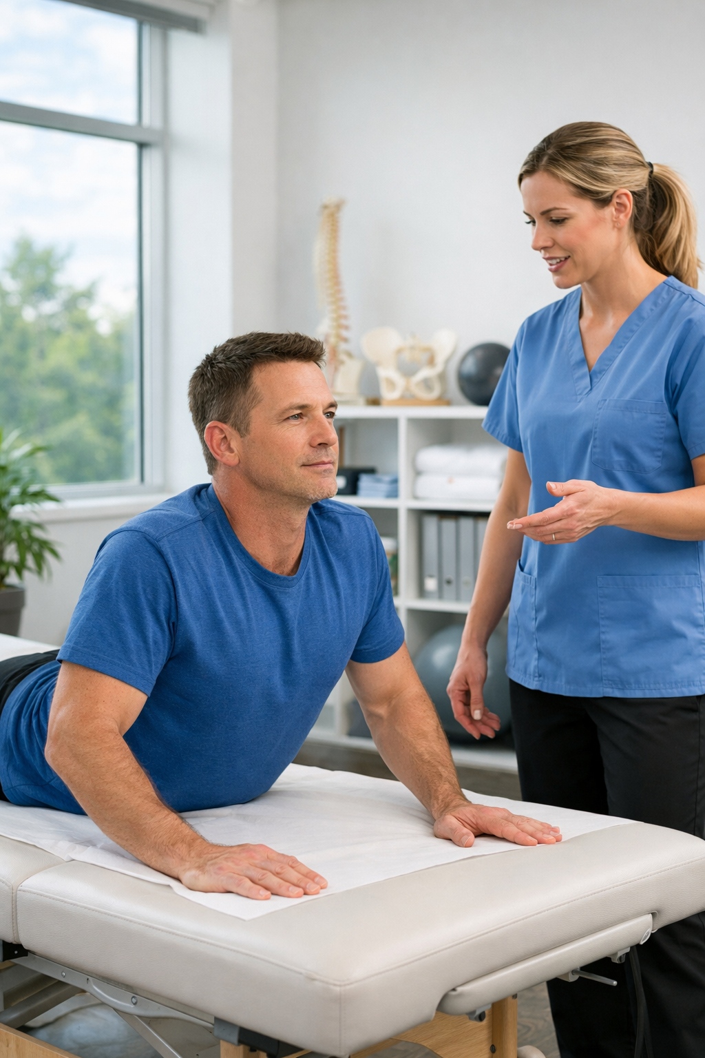 Patient performing lumbar disc herniation rehabilitation exercises with physical therapist