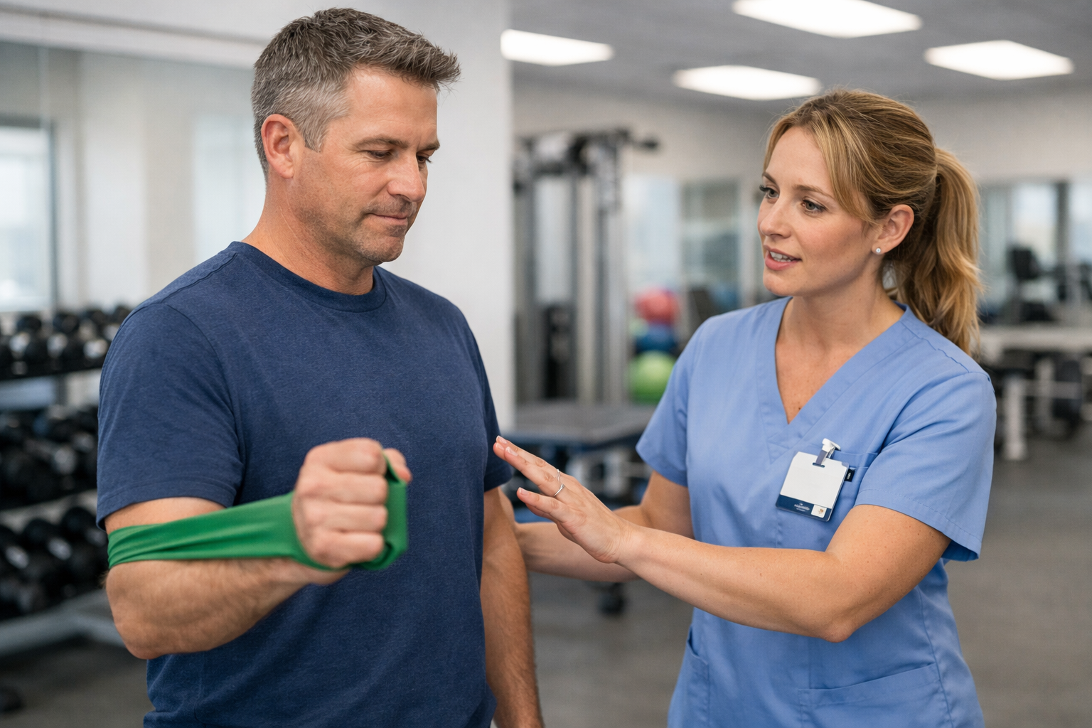 Patient performing rotator cuff injury rehabilitation exercises with physical therapist