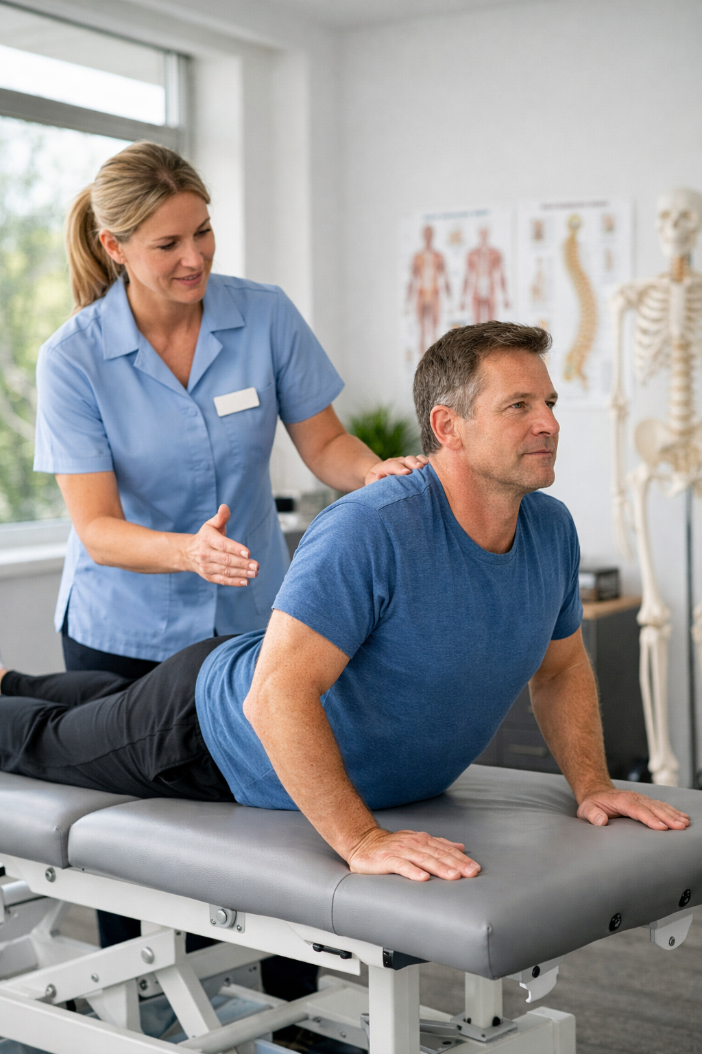 Patient performing sciatica rehabilitation exercises with physical therapist