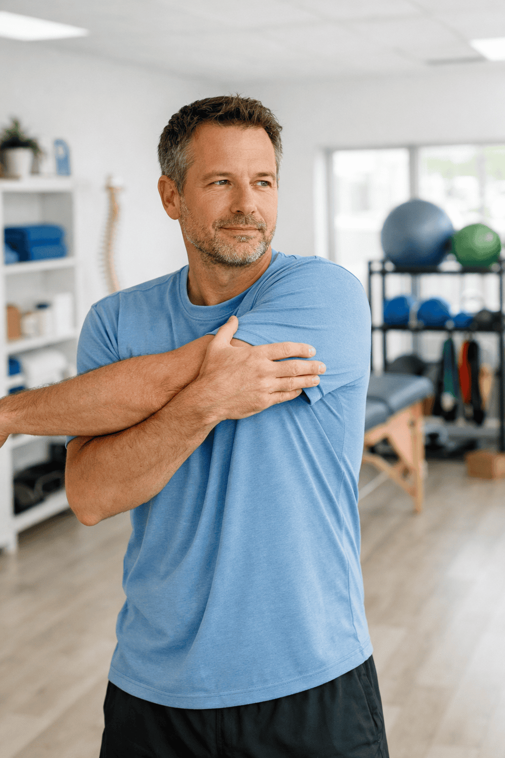 Patient performing cross-body shoulder stretch in physical therapy clinic