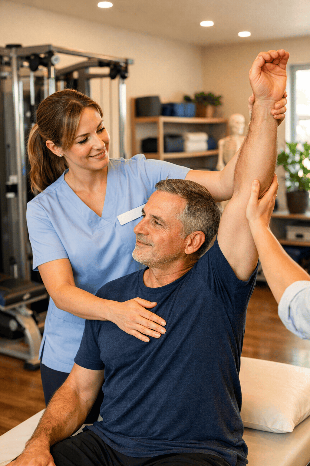 Physical therapist assessing shoulder range of motion at Trinity Rehab