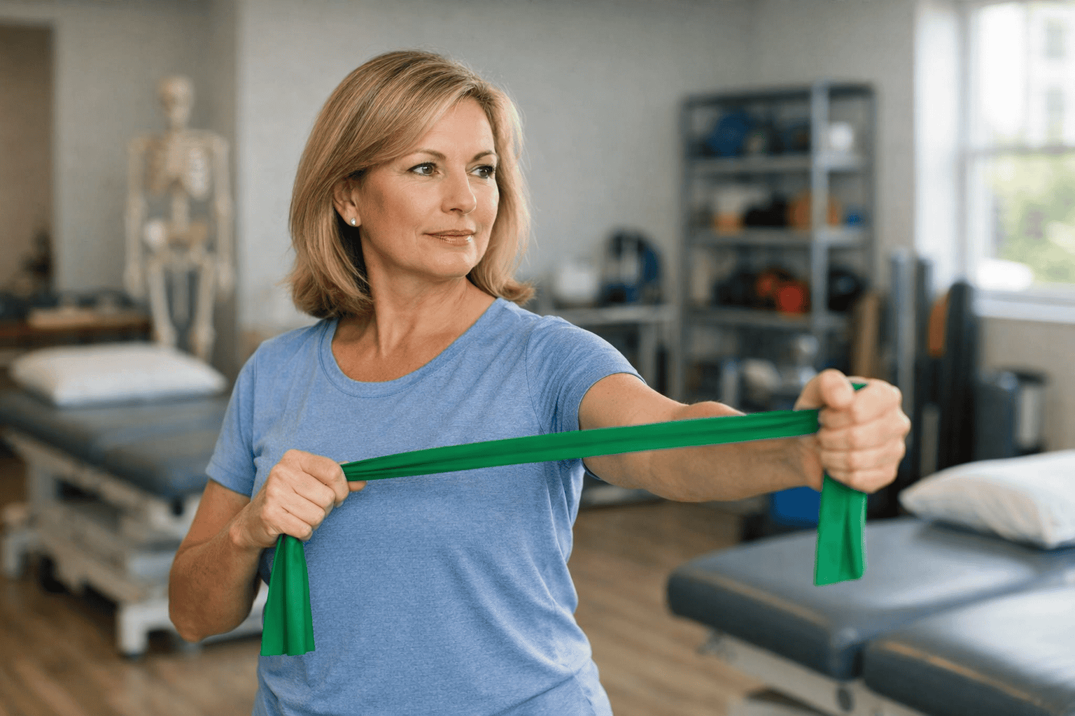 Patient performing shoulder rehabilitation exercises with resistance band
