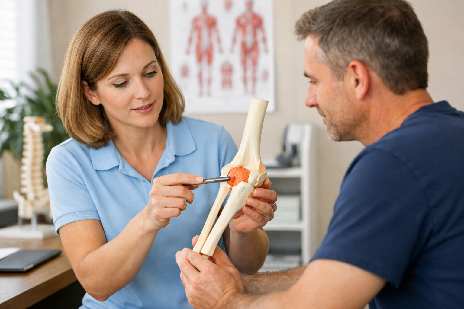 Physical therapist consultation for tennis elbow diagnosis and treatment plan