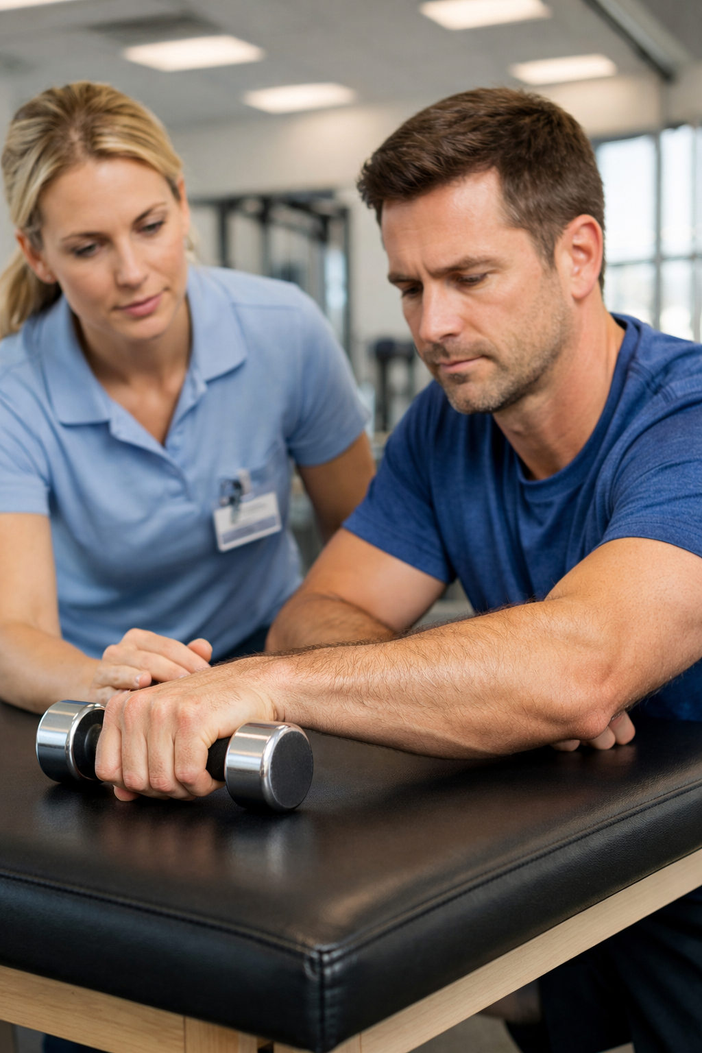 Patient performing tennis elbow rehabilitation exercises with physical therapist